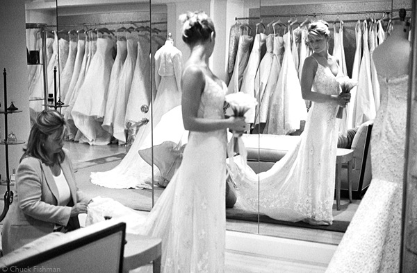 Susan's final gown fitting at Barney's : Engagement Sessions : New York Wedding Photographer | Chuck Fishman Photographer | Documentary Photojournalistic Black and White  Wedding Photojournalism